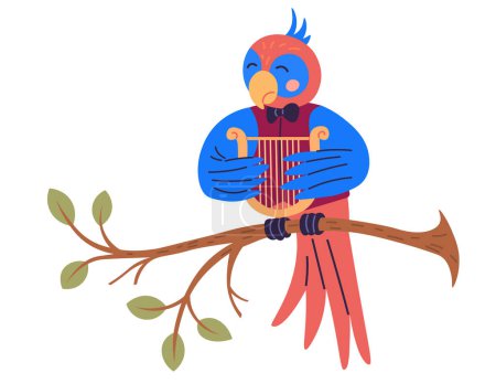 Illustration for Animal music vector illustration. In enchanted zoo, animals celebrate joyous musical event orchestra melody in animal music festival Happy creatures form. Parrot plays the harp sitting on a branch - Royalty Free Image