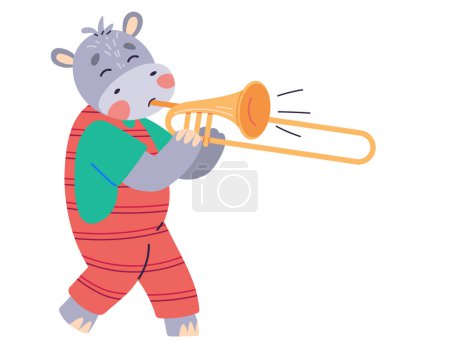 Illustration for Animal music vector illustration. The music party in zoo is harmonious blend happiness and entertainment Join orchestra creatures as they perform magical animal music metaphor. Hippo plays the trumpet - Royalty Free Image