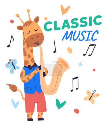 Illustration for Animal music vector illustration. Creatures celebrate with orchestra, creating joyful music party The animal music concept forth magical fairy tale in heart zoo. Classic music, giraffe plays saxophone - Royalty Free Image