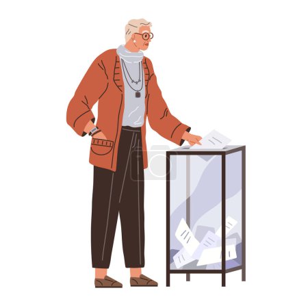 Illustration for Old man throwing voting ballot for candidate in box during president or government election or referendum. Cartoon voter polling. Democracy and human opinion. Elderly man votes at polling station - Royalty Free Image