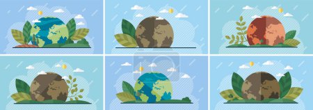 Illustration for World Environment Day. Earth day or environment conservation concept. Save green planet. Earth nature care. Eco globe green world with plant symbol set. Ecology planet and leaf. Presentation print - Royalty Free Image