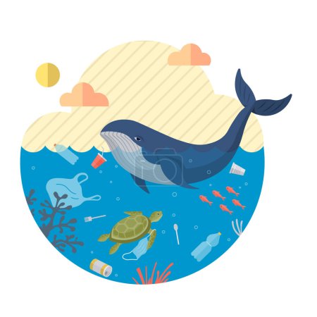 Illustration for Ocean pollution vector illustration. Garbage and rubbish in ocean contaminate water, harming marine life Destruction underwater habitats is consequence unchecked ocean pollution Damage to environment - Royalty Free Image