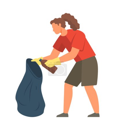 Garbage vector illustration. Environmental encourages responsible waste disposal practices The garbage concept extends to importance sorting recyclable materials. Girl collecting trash in a bag