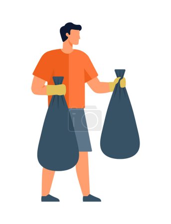 Garbage vector illustration. Garbage metaphorically represents dross harms our ecosystems Waste reduction is at forefront effective strategies Non-recyclable materials. Man collecting trash in a bag