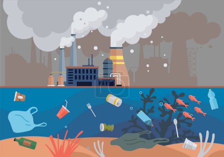 Illustration for Ocean pollution vector illustration. The destruction aquatic habitats is consequence ongoing ocean contamination Damage to environment is evident in dirty and polluted state ocean The ocean pollution - Royalty Free Image