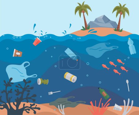 Ilustración del vector de contaminación oceánica. La metáfora de la contaminación oceánica subraya la urgencia de limpiar nuestros mares El ecosistema submarino enfrenta desafíos sin precedentes debido a la basura generada por el ser humano