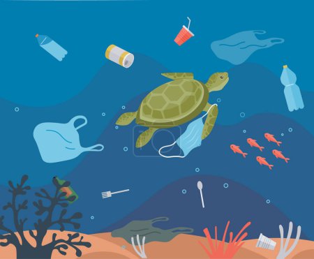 Ocean pollution vector illustration. Contamination ocean has far-reaching consequences for wildlife and ecology The environmental problem ocean pollution demands immediate attention