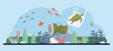 Illustration for Ocean pollution vector illustration. The ocean pollution concept serves as wakeup call for environmental responsibility Garbage and trash in ocean pose significant threat to marine ecosystems - Royalty Free Image