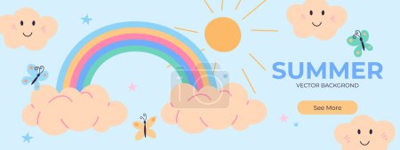 Charming vector illustration captures the essence of summer with smiling clouds, a vibrant rainbow, and playful butterflies under a warm sun, ideal for seasonal designs