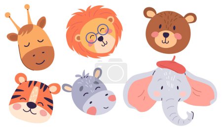 Illustration for A collection of gentle animal portraits, each with a touch of playfulness, perfect for adding a whimsical charm to kids creative spaces - Royalty Free Image