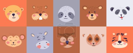 Illustration for Illustration presents a joyful array of stylized animal faces, each with unique features, ideal for educational materials or children playtime fun - Royalty Free Image