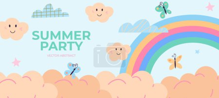 Vibrant banner features a summer party theme with smiling clouds, a colorful rainbow, playful butterflies, and whimsical stars set against a soft blue sky background