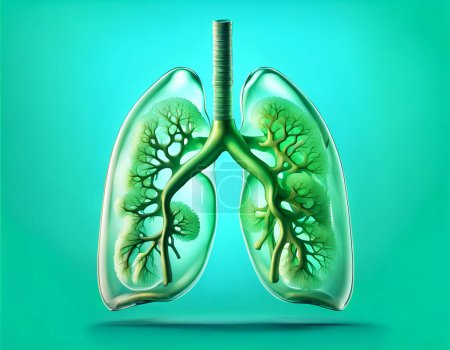 Los pulmones, órganos intrincados de la respiración, cuentan con bronquios, vías respiratorias ramificadas que guían el aire inhalado. La tráquea, un conducto vital, se conecta a los bronquios, mientras que los alvéolos, pequeños sacos, facilitan el intercambio de oxígeno. Ilustración del concepto