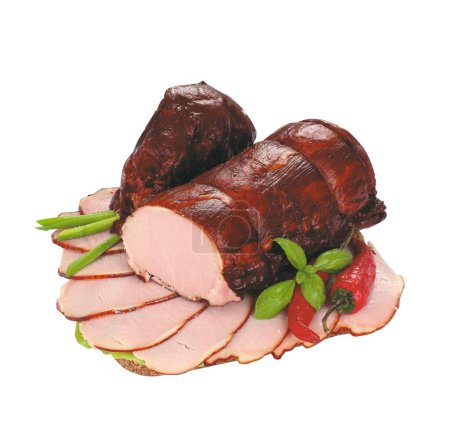 Photo for Smoked pork loin, cross-sectioned and sliced. Polish meat cold cuts, isolated on a white background, a packshot photo. - Royalty Free Image