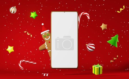 Smartphone-Attrappe Weihnachtsgebäck Lebkuchenmann Weihnachtsmütze schwebt 3D-Rendering rotem Hintergrund. Weihnachtswerbung. Neujahrsverkauf bieten Banner Vorlage. Feierliche Demonstration in den Winterferien