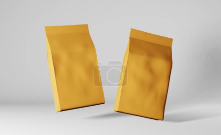 Téléchargez les photos : Pochette dorée flottante sacs grains de café branding rendu 3D. Marchandise emballage logo design promo. Modèle de lévitation d'emballage de produit alimentaire de thé de feuille vierge. Shop livraison vente discount démo référence - en image libre de droit