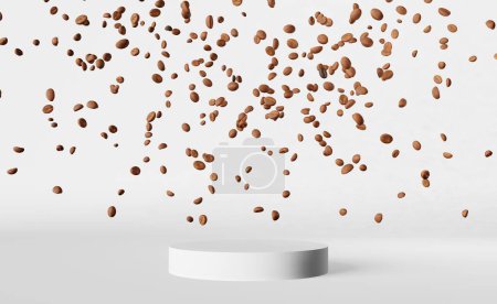 Téléchargez les photos : Tomber grains de café sur vide mat podium fond blanc rendu 3D. Place pour sac de tasse de produit. Modèle de promotion de réduction de conception de publicité d'emballage vierge café vente démonstration - en image libre de droit