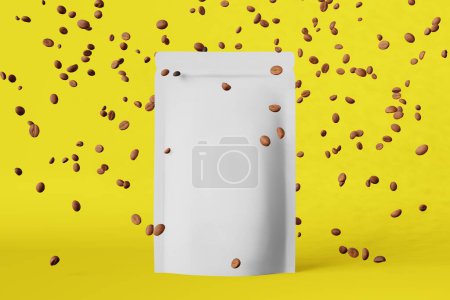 Téléchargez les photos : Pochette blanche mat sacs tombant grains de café 3D rendant design jaune moderne. Marchandise emballage logo promo. Modèle de lévitation de sac de doy de produit de feuille vierge café vente discount démonstration - en image libre de droit