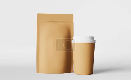 Paper pouch bag coffee cup falling beans 3D rendering . Coffee shop discount demonstration delivery sale banner. Merchandise packaging logo promo design. Blank kraft pack template roasted arabica