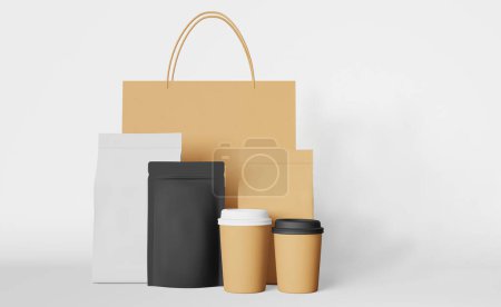 Verpackungsset Papier Einkaufstasche schwarze Beutel Kaffeetasse Mockup 3D-Rendering. Banner mit dem Verkauf von Lebensmitteln zum Mitnehmen. Rabattdemonstration im Geschäft. Merchandise Promo Design Leere Produktverpackungsvorlage