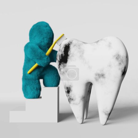 Téléchargez les photos : Cute turquoise fur Yeti brushing caries bacteria rotten decay tooth 3D rendering. Creative dental cleaning advertisiment banner Enamel whitening Tartar Plaque removal Sensitivity Toothbrush Bad breath - en image libre de droit