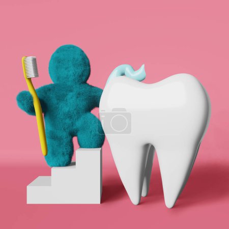 Téléchargez les photos : Cute turquoise fur Yeti brushing white healthy tooth with toothpaste 3D rendering.Creative dental cleaning advertisiment Enamel whitening Tartar Plaque removal Sensitivity Caries Toothbrush Bad breath - en image libre de droit