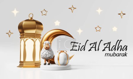 Eid al-Adha regalo de bienvenida sacrificio de ovejas podio creciente Fiesta del Sacrificio fiesta religiosa musulmana festival islámico Ramadán. Linterna brillante estrella de luz Eid Qurban 3d renderizado saludo banner blanco