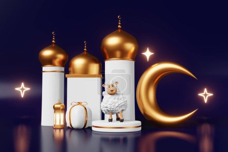 Téléchargez les photos : Vacances islamiques publicité mouton podium scène 3d rendu. Ramadan vente Raya Hari Mawlid bannière modèle Festival musulman Aïd al Adha carte de vœux. Mosquée sacrifice croissant cadeau lanterne étoile lumière - en image libre de droit