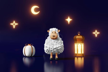 Téléchargez les photos : Mignon mouton islamique Udhiya-Qurbani animal sacrifice 3d rendant Lamb Ramadan, Raya Hari, Mawlid Musulman vacances festival publicité. Aïd al-Adha Croissant lanterne générosité aumône Noblesse concept - en image libre de droit