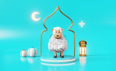 Foto de Bonita oveja islámica Udhiya-Qurbani animal sacrificio cordero en el podio 3d representación. Eid al-Adha vacaciones, Ramadán, Eid al-Fitr, Raya Hari, Mawlid festival musulmán publicidad. Generosidad Almsgiving Nobleza - Imagen libre de derechos
