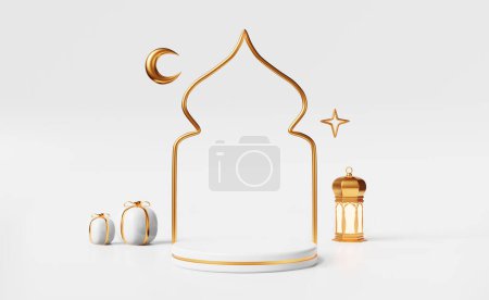 Téléchargez les photos : Podium islamique scène vide Ramadan produit publicité rendu 3d. Aïd al Adha, Aïd al-Fitr, Raya Hari, modèle de vente Mawlid. Scène de fête musulmane. Cadeaux mosquée croissant étoile lanterne dorée - en image libre de droit