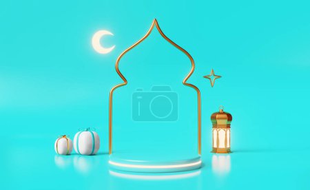 Téléchargez les photos : Podium islamique scène vide Ramadan produit publicité rendu 3d. Aïd al Adha, Aïd al-Fitr, Raya Hari, modèle de vente Mawlid. Scène de fête musulmane. Cadeaux mosquée croissant étoile lanterne dorée - en image libre de droit