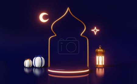 Téléchargez les photos : Podium islamique scènario lumineux Ramadan produit publicité rendu 3d. Aïd al Adha, Aïd al-Fitr, Raya Hari, modèle de vente Mawlid Scène de fête musulmane. Mosquée croissant cadeau étoile lanterne dorée - en image libre de droit
