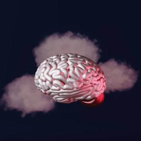 Photo for Human brain in clouds creative contemporary art 3d rendering. Mental health awareness Disorder Mindfulness Cognitive development Mind well-being Anxiety Sadness Depression Fatigue Emotional burnout - Royalty Free Image