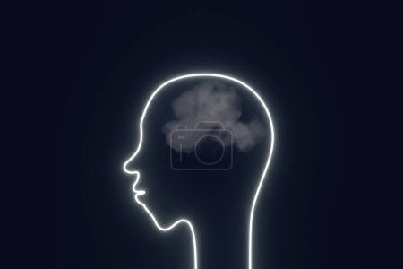 Téléchargez les photos : Silhouette de tête humaine avec des nuages au lieu de cerveau 3d rendant l'art créatif. Santé mentale Psychologie Trouble Concentration Stress Conscience Anxiété Dépression Épuisement émotionnel Pensées négatives. - en image libre de droit
