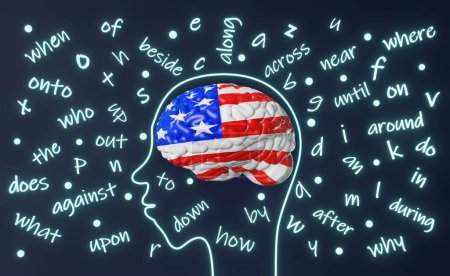 Learn English American pronunciation Foreign language fluency conversation Human head brain letters preposition grammar accent 3d render.Studying USA Online school Course Expression Listening Speaking