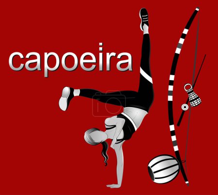 Mädchen in Capoeira-Bewegung, Berimbau und Caxixi