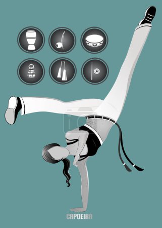 Illustration for Girl in capoeira movement, berimbau,caxixi, agogo, pandeiro, atabaque, dobrao and baqueta - Royalty Free Image