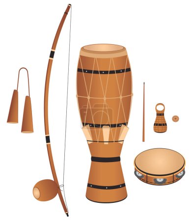 Illustration for Capoeira Instruments - berimbau, caxixi, agogo, percussion instruments - Royalty Free Image