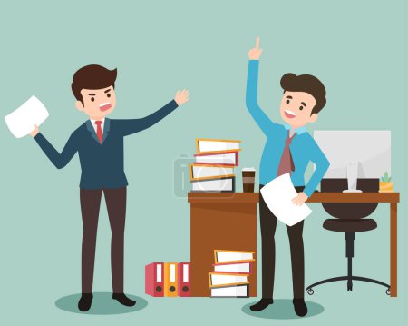Illustration for The boss is angry with his employee while the employee is explaining the reason to end the problem. Business working concept vector illustration. - Royalty Free Image