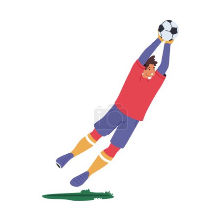 Illustration for Goalkeeper Jump Catching Ball Defend Gates in Soccer Tournament Isolated on White Background. Goalie Male Character Wear Football Team Uniform in Motion on Stadium Cartoon People Vector Illustration - Royalty Free Image