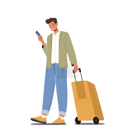 Junge männliche Gestalten in Sommerkleidung halten Gepäck und Smartphone isoliert auf weißem Hintergrund. Passagiere warten bei der Registrierung des Flugzeugs oder beim Einsteigen im Flughafenterminal. Zeichentrickvektorillustration