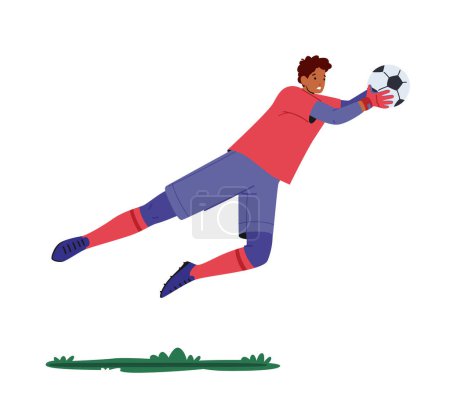 Illustration for Goalkeeper Jump and Catch Ball in Air. Goalie Defend Gates in Soccer Tournament. Athlete Player Male Character in Motion on Stadium Isolated on White Background. Cartoon People Vector Illustration - Royalty Free Image