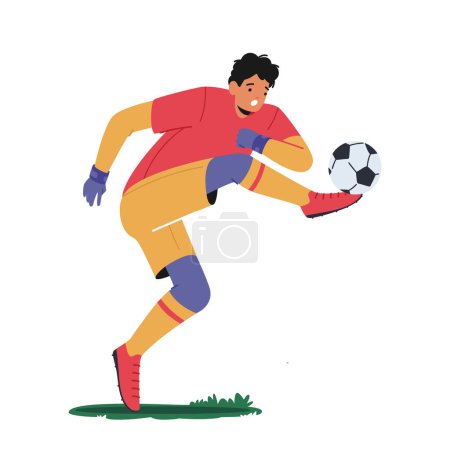 Illustration for Goalkeeper Kicking Ball Defend Gates in Soccer Tournament. Goalie Male Character Wear Football Team Uniform in Motion on Stadium Isolated on White Background. Cartoon People Vector Illustration - Royalty Free Image