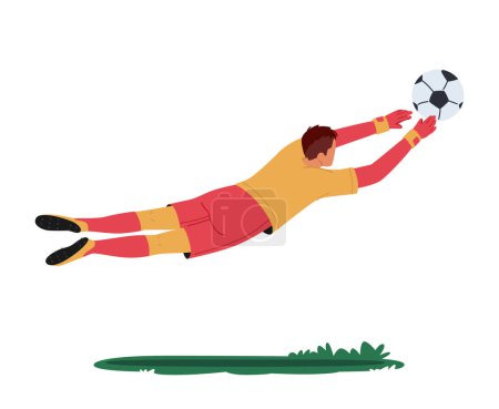 Illustration for Goalkeeper Jump and Catching Ball Defend Gates in Soccer Tournament Rear View. Goalie Male Character Wear Football Team Uniform Isolated on White Background. Cartoon People Vector Illustration - Royalty Free Image