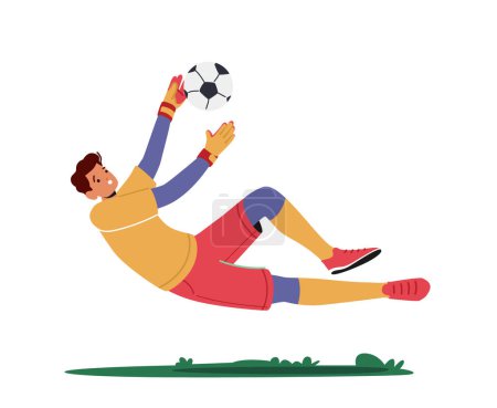 Illustration for Goalkeeper Leaping to Catch Ball. Man Defend Gates in Soccer Tournament. Goalie Male Character Wear Football Team Uniform in Motion Isolated on White Background. Cartoon People Vector Illustration - Royalty Free Image