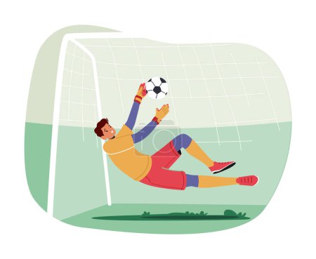 Illustration for Goalkeeper Leaping to Catch Ball Flying into Gate. Man Defend Gates in Soccer Tournament. Goalie Male Character Wear Football Team Uniform in Motion on Stadium. Cartoon People Vector Illustration - Royalty Free Image