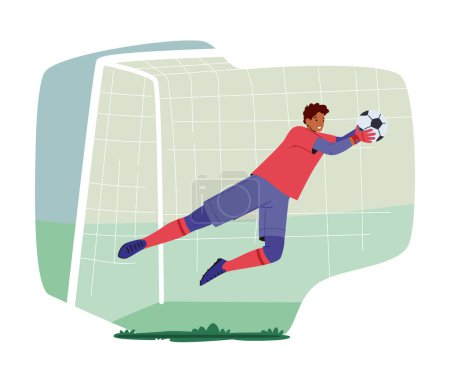 Illustration for Goalkeeper Wear Football Team Uniform Jump and Catch Ball in Air. Goalie Defend Gates in Soccer Tournament. Athlete Player Male Character in Motion on Stadium. Cartoon People Vector Illustration - Royalty Free Image