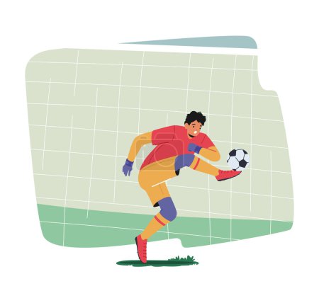Illustration for Goalkeeper Kicking Ball Defend Gates in Soccer Tournament. Goalie Male Character Wear Football Team Uniform in Motion on Stadium during World League Tournament. Cartoon People Vector Illustration - Royalty Free Image