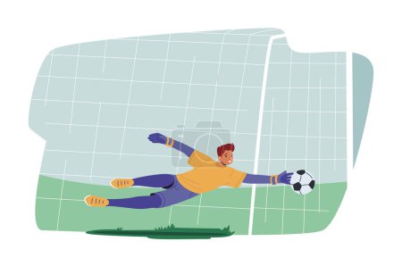Illustration for Goalie Male Character Wear Football Team Uniform in Motion on Stadium. Goalkeeper Jump and Stretching Hand to Catch Ball Defend Gates in Soccer Tournament. Cartoon People Vector Illustration - Royalty Free Image